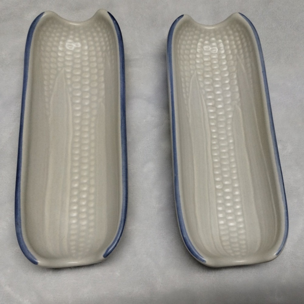Pfaltzgraff Yorktowne Corn on the Cob Dishes Set of 2 Blue Gray Stoneware 46 USA